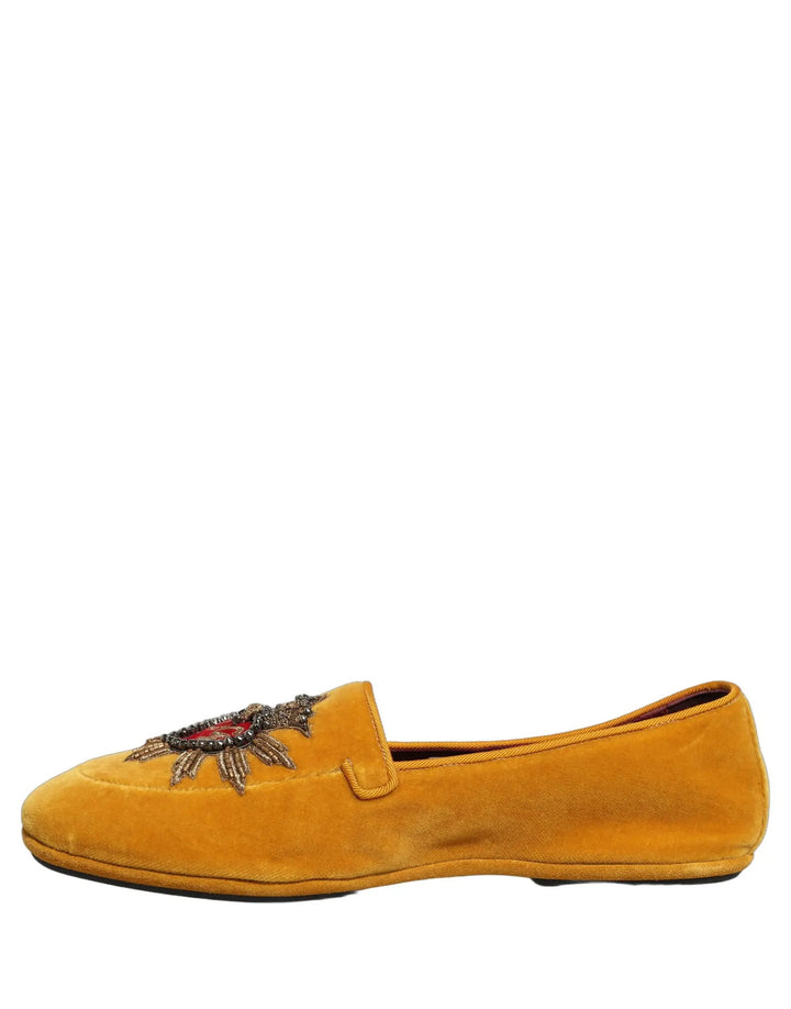 Dolce &amp; Gabbana Yellow Velvet DG Heart Loafers Flats Shoes