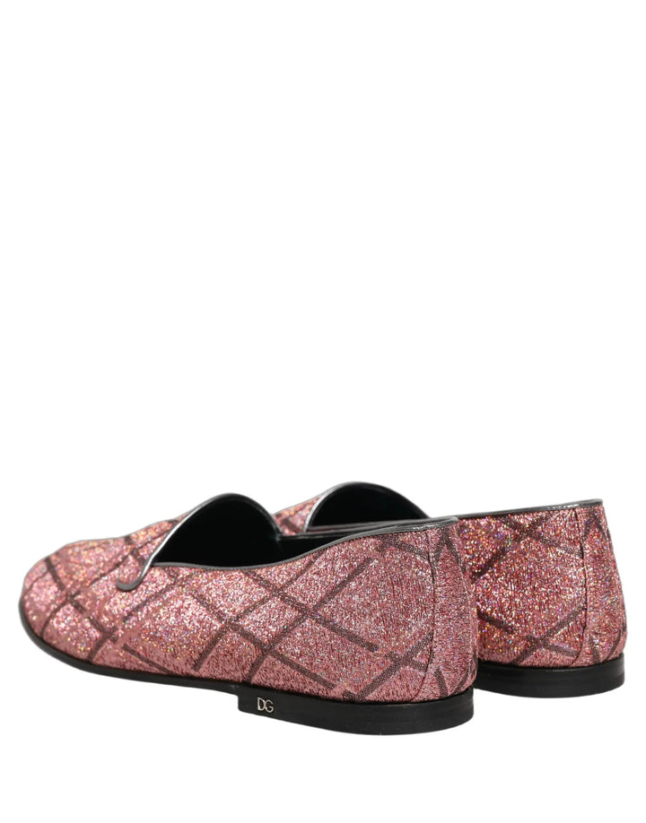 Dolce &amp; Gabbana Pink Check Glitter Lurex Logo Loafers Shoes