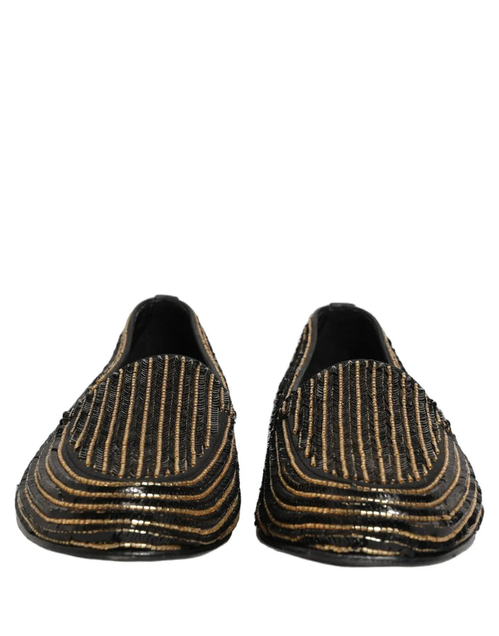 Dolce &amp; Gabbana Black Gold Sequined Men Dress Loafers Shoes