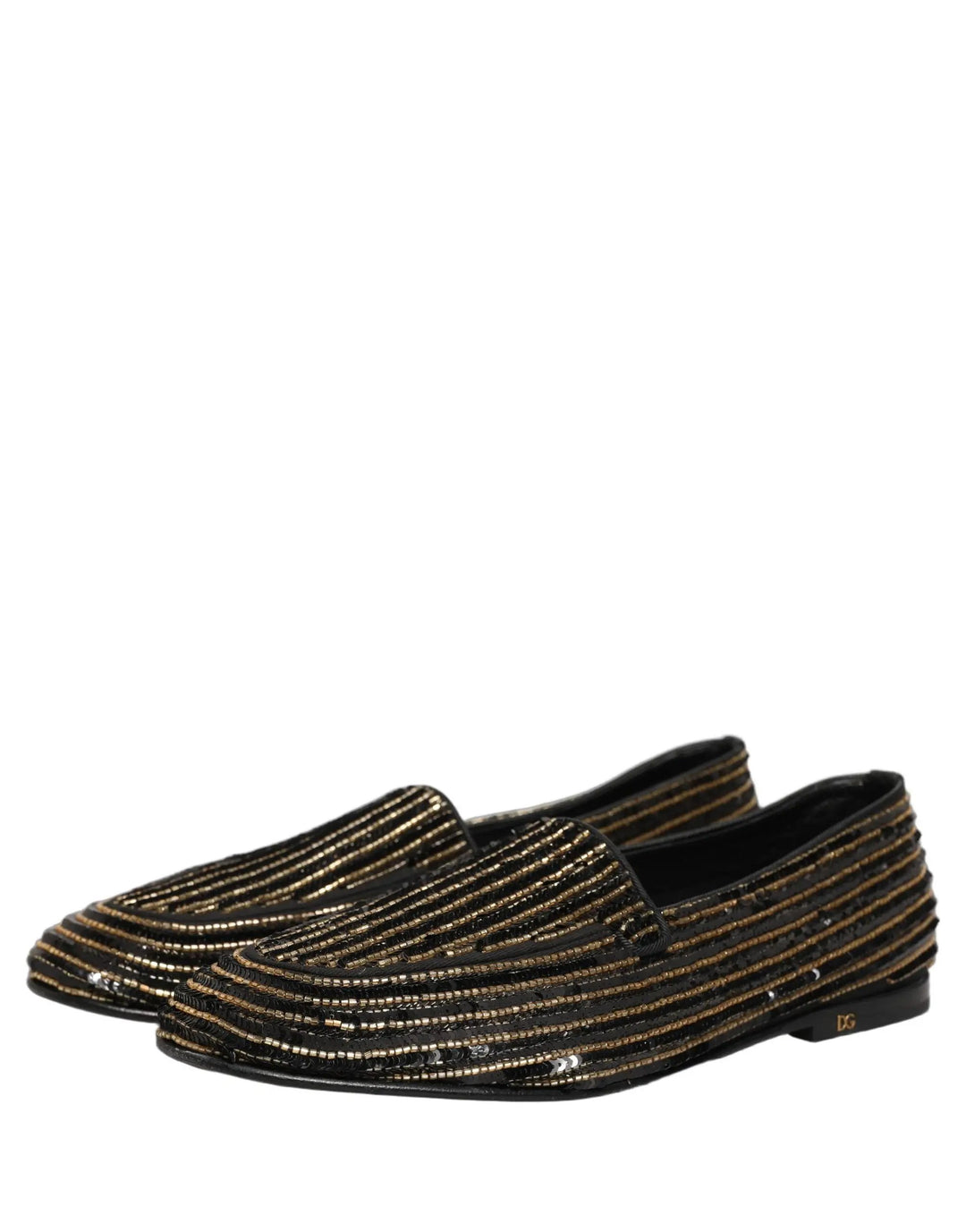 Dolce &amp; Gabbana Black Gold Sequined Men Dress Loafers Shoes