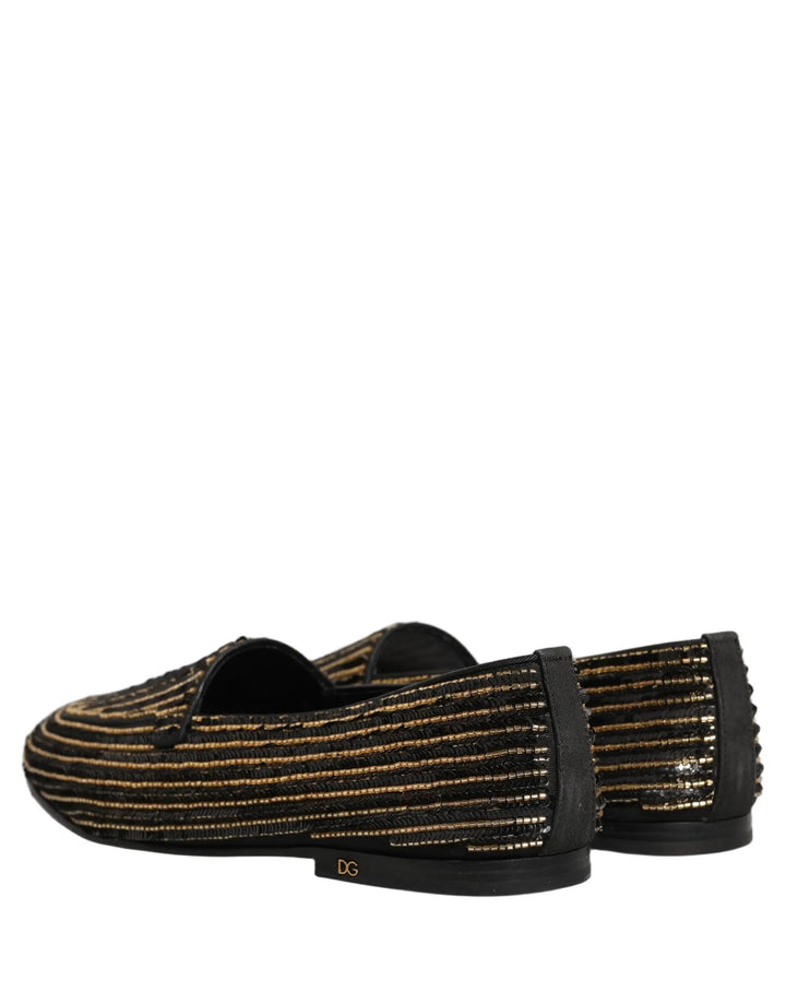 Dolce &amp; Gabbana Black Gold Sequined Men Dress Loafers Shoes