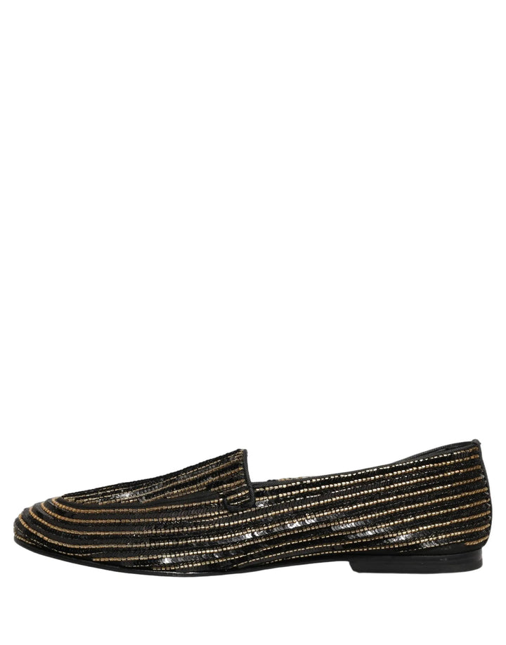Dolce &amp; Gabbana Black Gold Sequined Men Dress Loafers Shoes