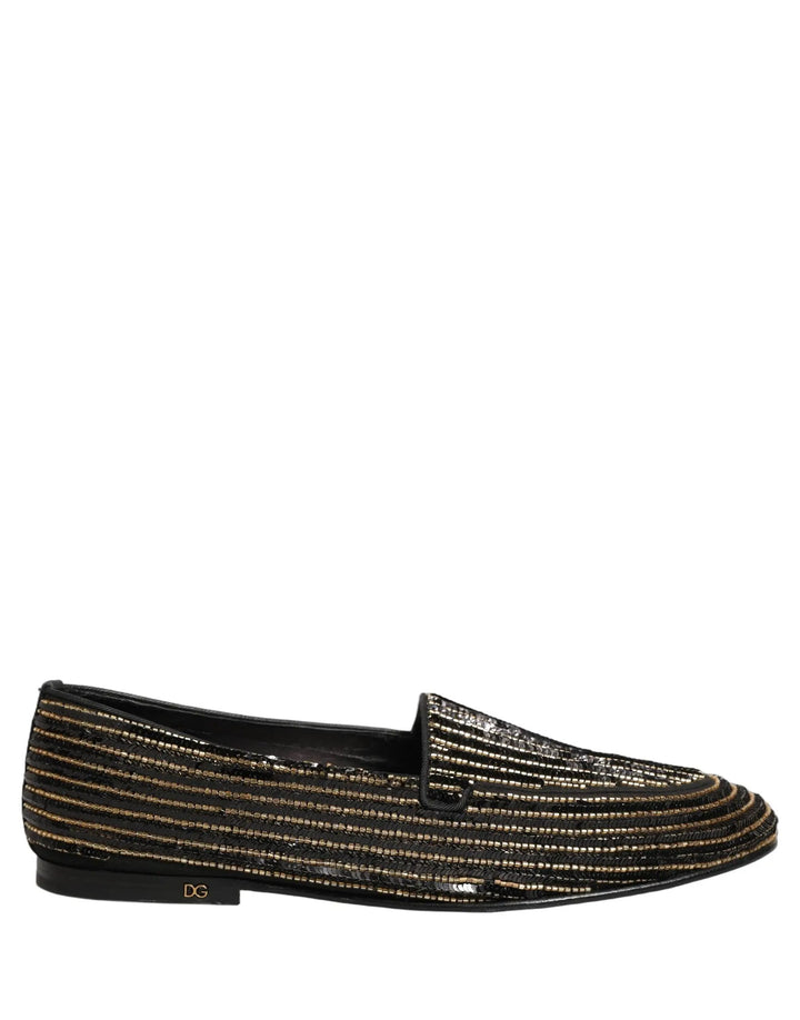 Dolce &amp; Gabbana Black Gold Sequined Men Dress Loafers Shoes