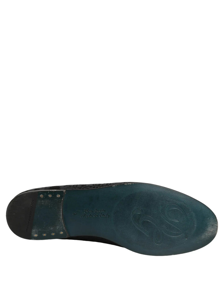 Dolce &amp; Gabbana Blue Jacquard Leather Slip On Loafers Shoes
