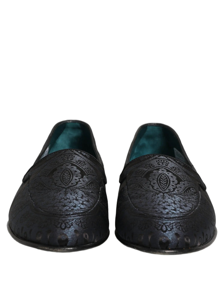 Dolce &amp; Gabbana Blue Jacquard Leather Slip On Loafers Shoes