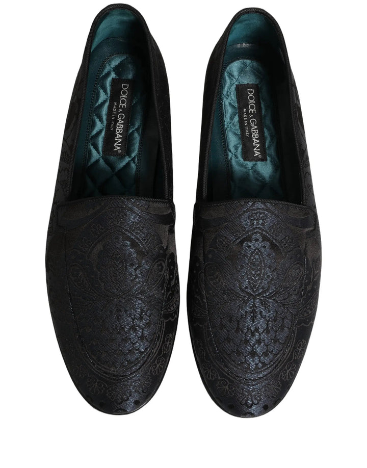 Dolce &amp; Gabbana Blue Jacquard Leather Slip On Loafers Shoes