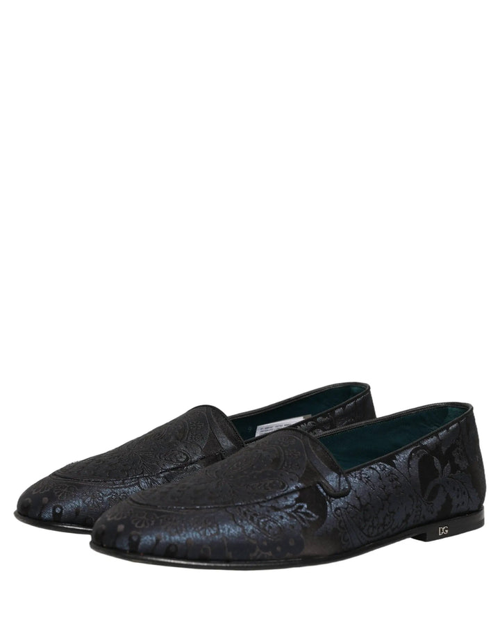 Dolce &amp; Gabbana Blue Jacquard Leather Slip On Loafers Shoes