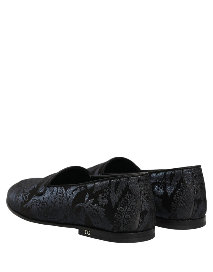 Dolce &amp; Gabbana Blue Jacquard Leather Slip On Loafers Shoes