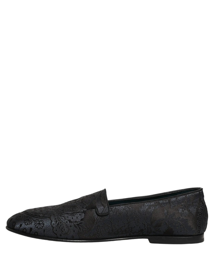 Dolce &amp; Gabbana Blue Jacquard Leather Slip On Loafers Shoes