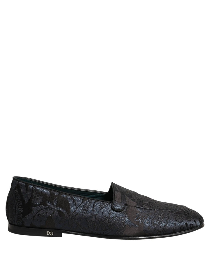 Dolce &amp; Gabbana Blue Jacquard Leather Slip On Loafers Shoes