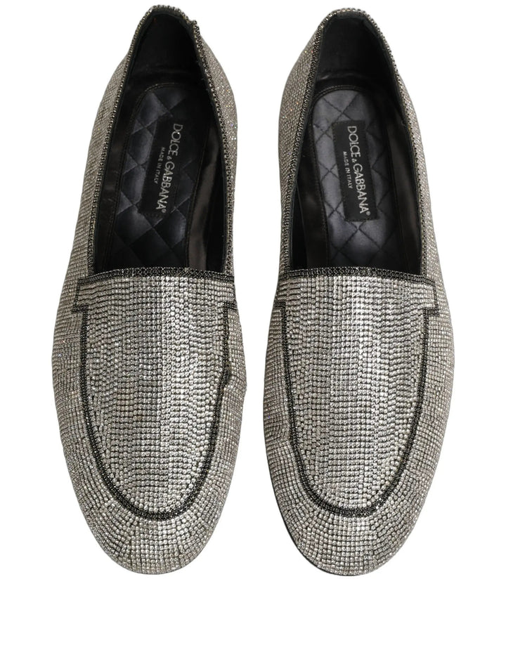 Dolce &amp; Gabbana Silver Crystal Embellished Men Loafers Shoes