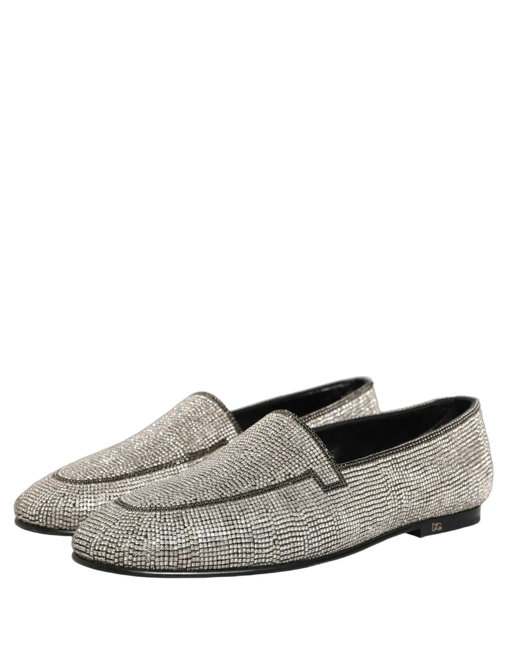 Dolce &amp; Gabbana Silver Crystal Embellished Men Loafers Shoes