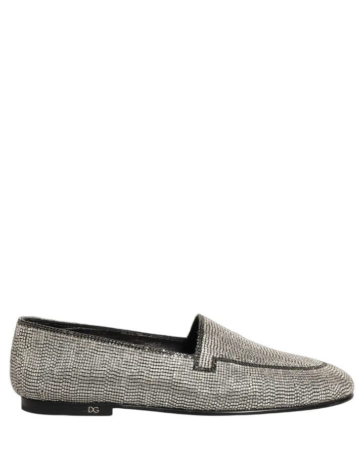 Dolce &amp; Gabbana Silver Crystal Embellished Men Loafers Shoes