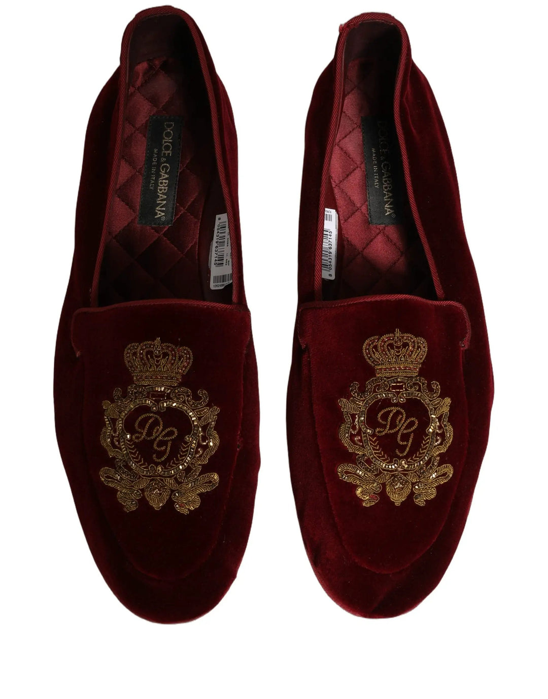 Dolce &amp; Gabbana Maroon Velvet Crown Embroidery Loafers Shoes