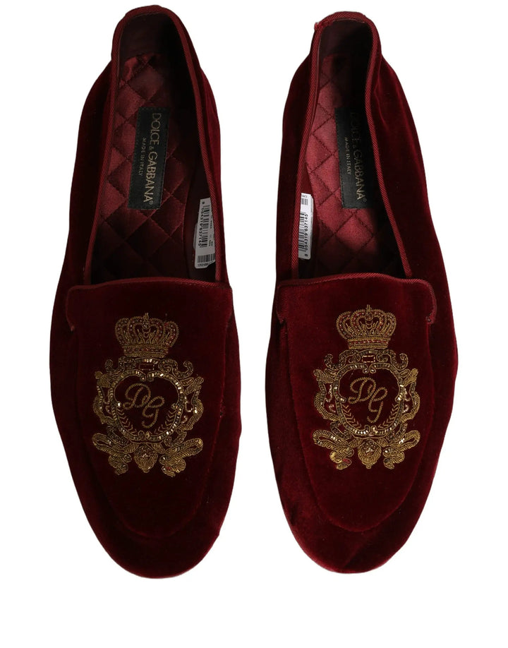 Dolce &amp; Gabbana Maroon Velvet Crown Embroidery Loafers Shoes