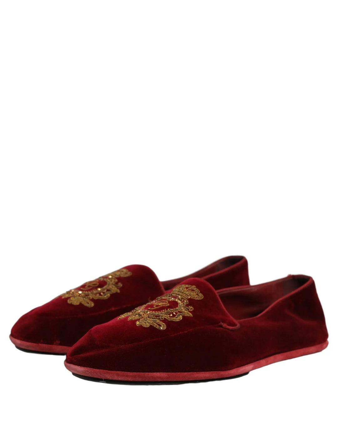 Dolce &amp; Gabbana Maroon Velvet Crown Embroidery Loafers Shoes
