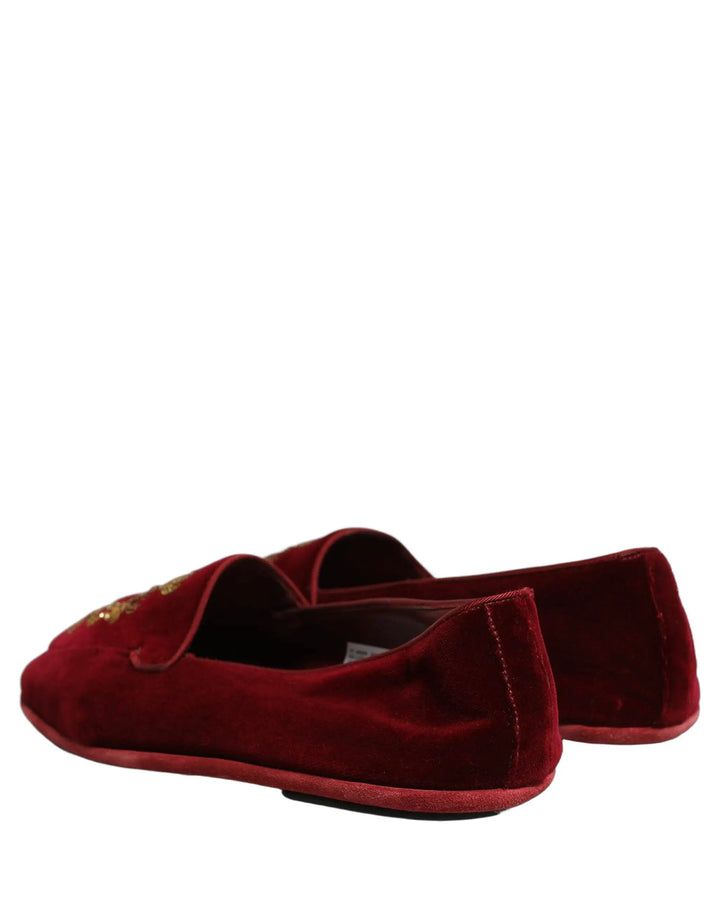 Dolce &amp; Gabbana Maroon Velvet Crown Embroidery Loafers Shoes