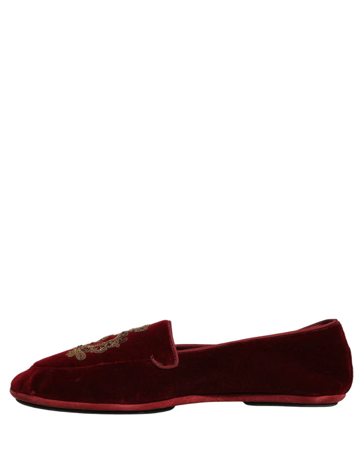 Dolce &amp; Gabbana Maroon Velvet Crown Embroidery Loafers Shoes