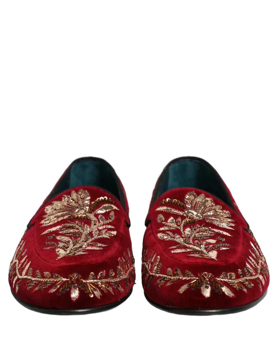 Dolce &amp; Gabbana Red Velvet Floral Embroidery Loafers Shoes