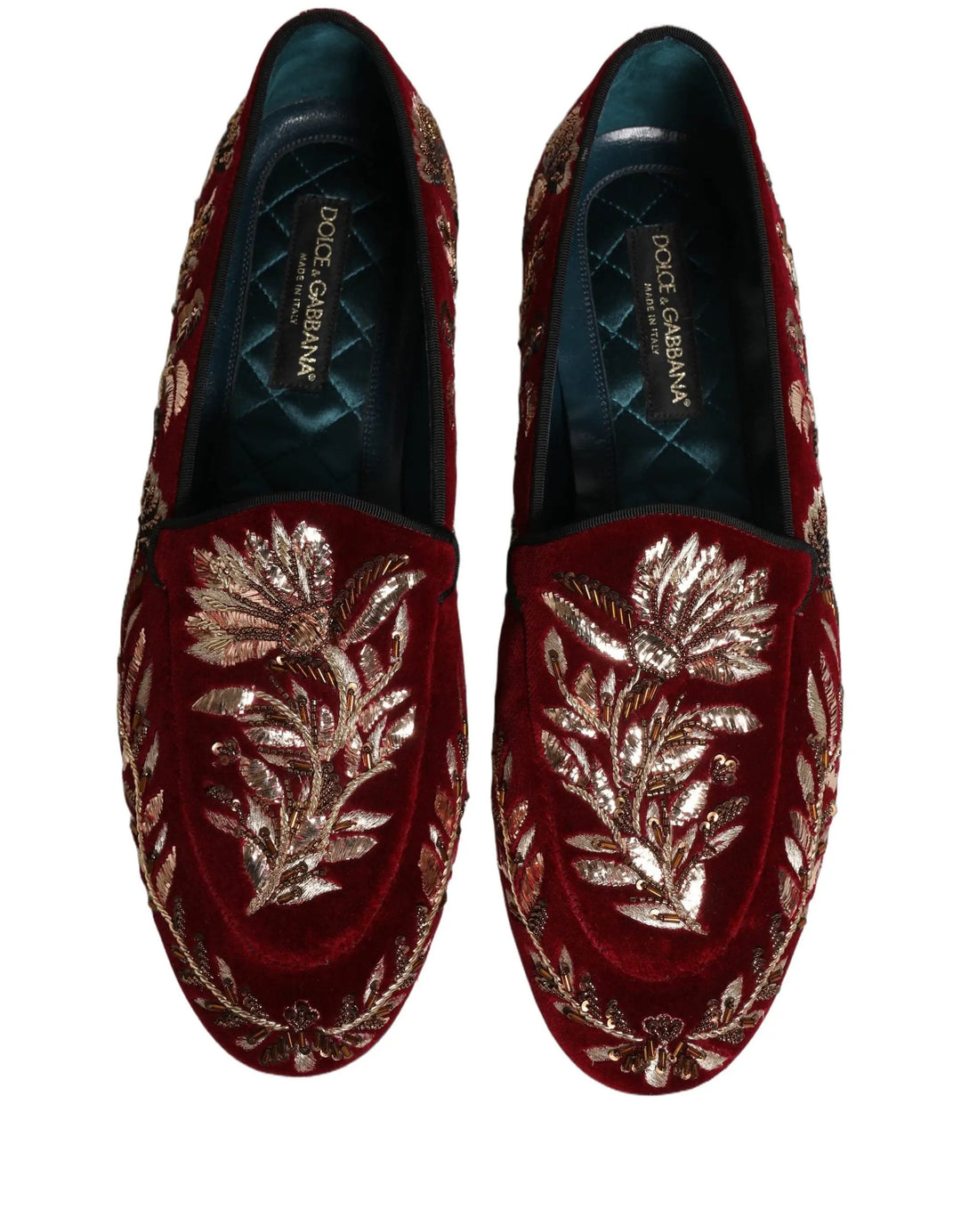 Dolce &amp; Gabbana Red Velvet Floral Embroidery Loafers Shoes