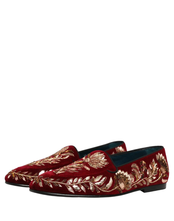 Dolce &amp; Gabbana Red Velvet Floral Embroidery Loafers Shoes