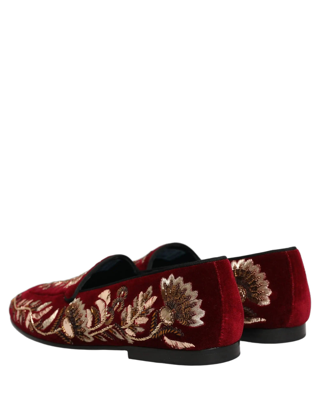 Dolce &amp; Gabbana Red Velvet Floral Embroidery Loafers Shoes
