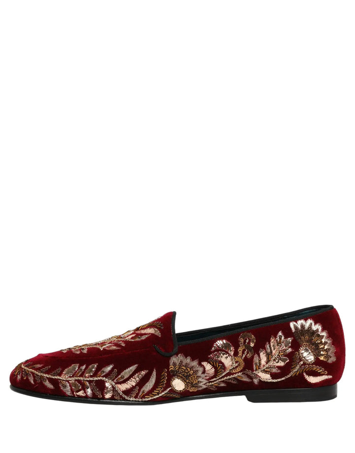 Dolce &amp; Gabbana Red Velvet Floral Embroidery Loafers Shoes