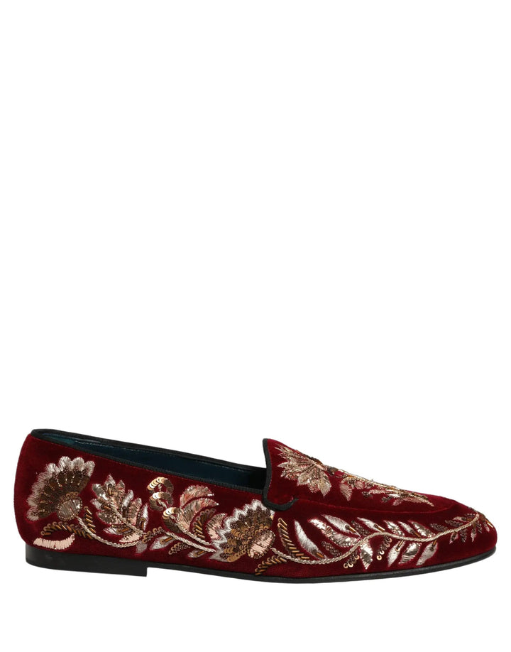 Dolce &amp; Gabbana Red Velvet Floral Embroidery Loafers Shoes