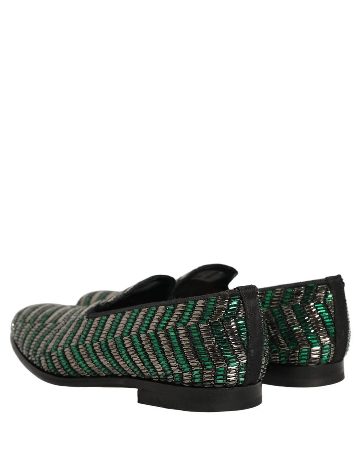 Dolce &amp; Gabbana Silver Green Embellished Dress Loafers Shoes