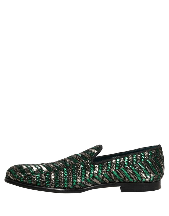 Dolce &amp; Gabbana Silver Green Embellished Dress Loafers Shoes