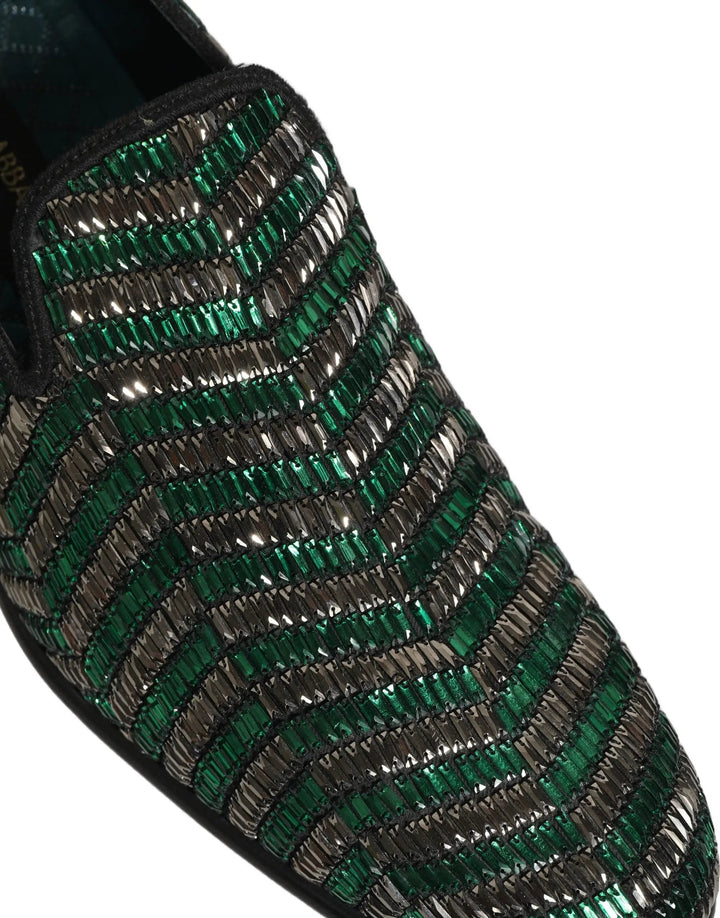 Dolce &amp; Gabbana Silver Green Embellished Dress Loafers Shoes