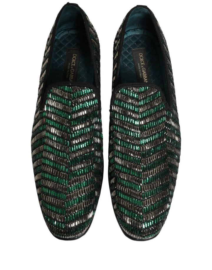 Dolce &amp; Gabbana Silver Green Embellished Dress Loafers Shoes