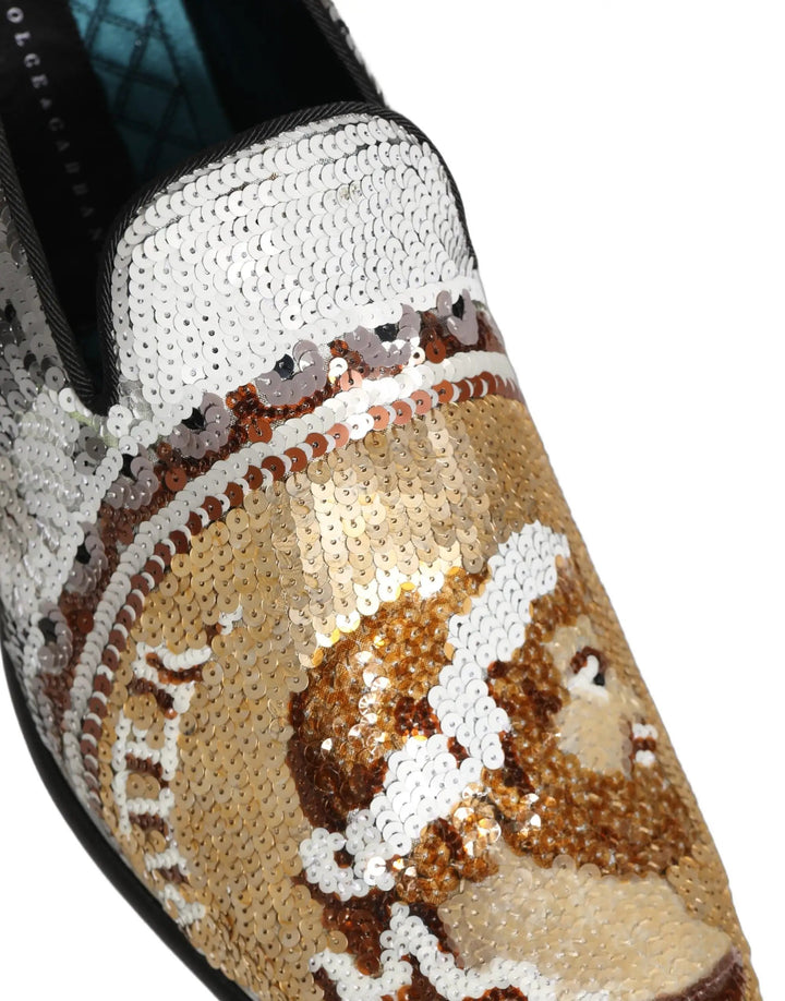 Dolce &amp; Gabbana White Gold Sequined Slip On Loafers Shoes