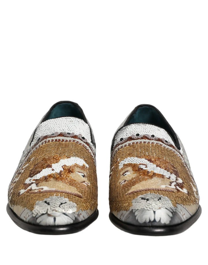 Dolce &amp; Gabbana White Gold Sequined Slip On Loafers Shoes