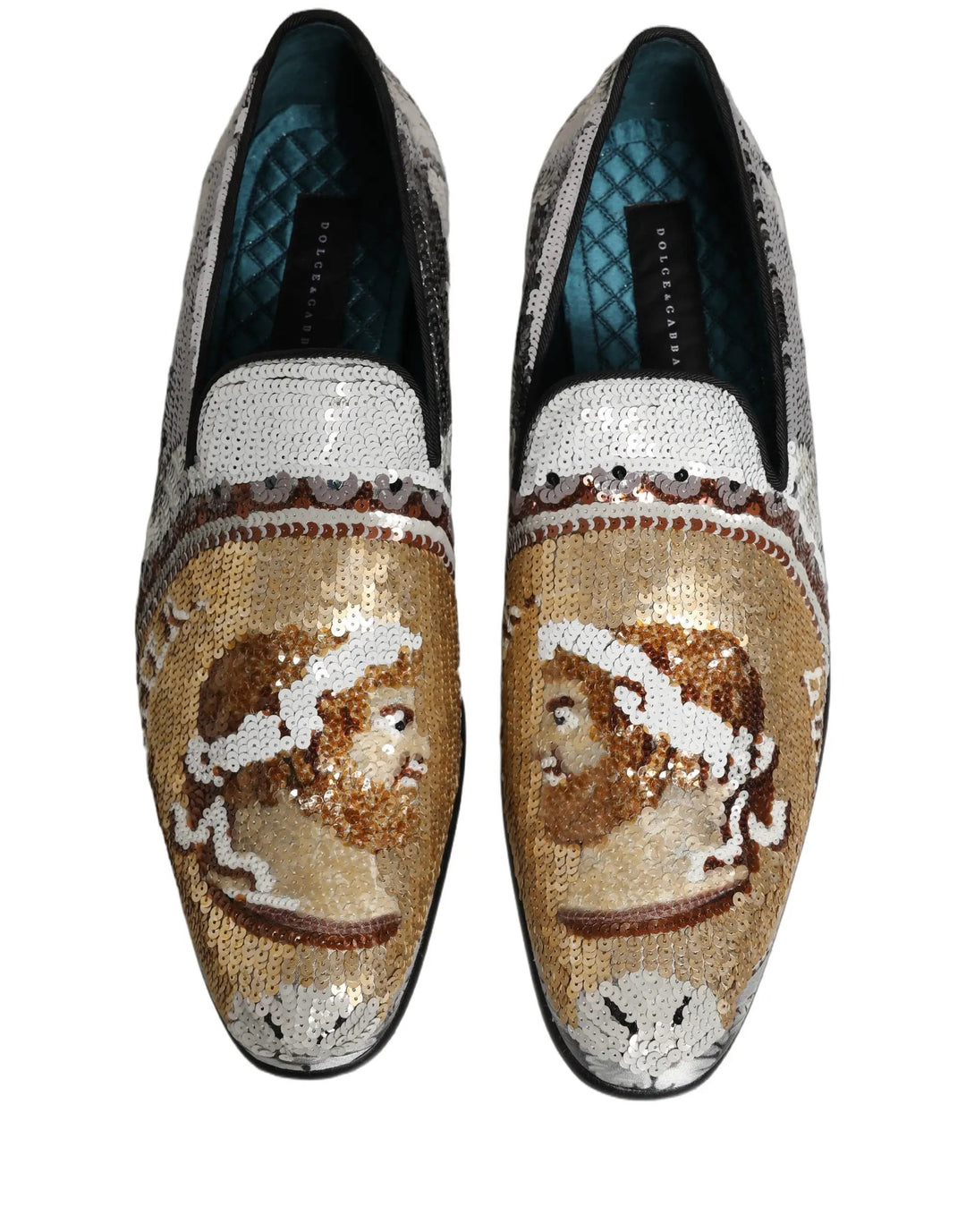 Dolce &amp; Gabbana White Gold Sequined Slip On Loafers Shoes