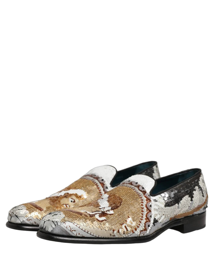 Dolce &amp; Gabbana White Gold Sequined Slip On Loafers Shoes
