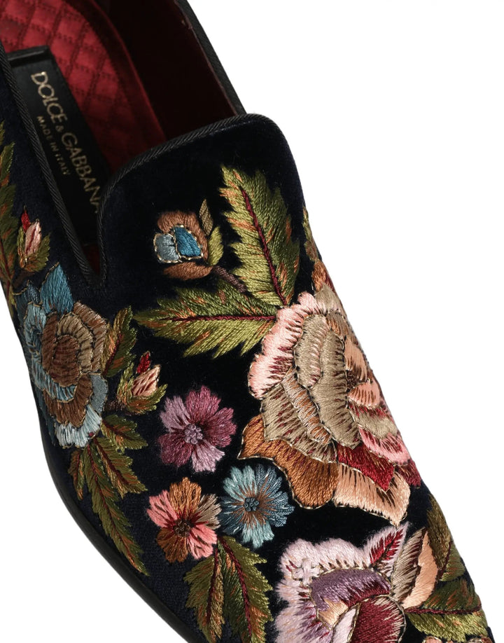 Dolce &amp; Gabbana Black Velvet Floral Embroidery Loafers Shoes