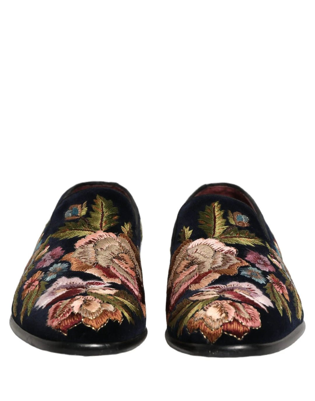Dolce &amp; Gabbana Black Velvet Floral Embroidery Loafers Shoes