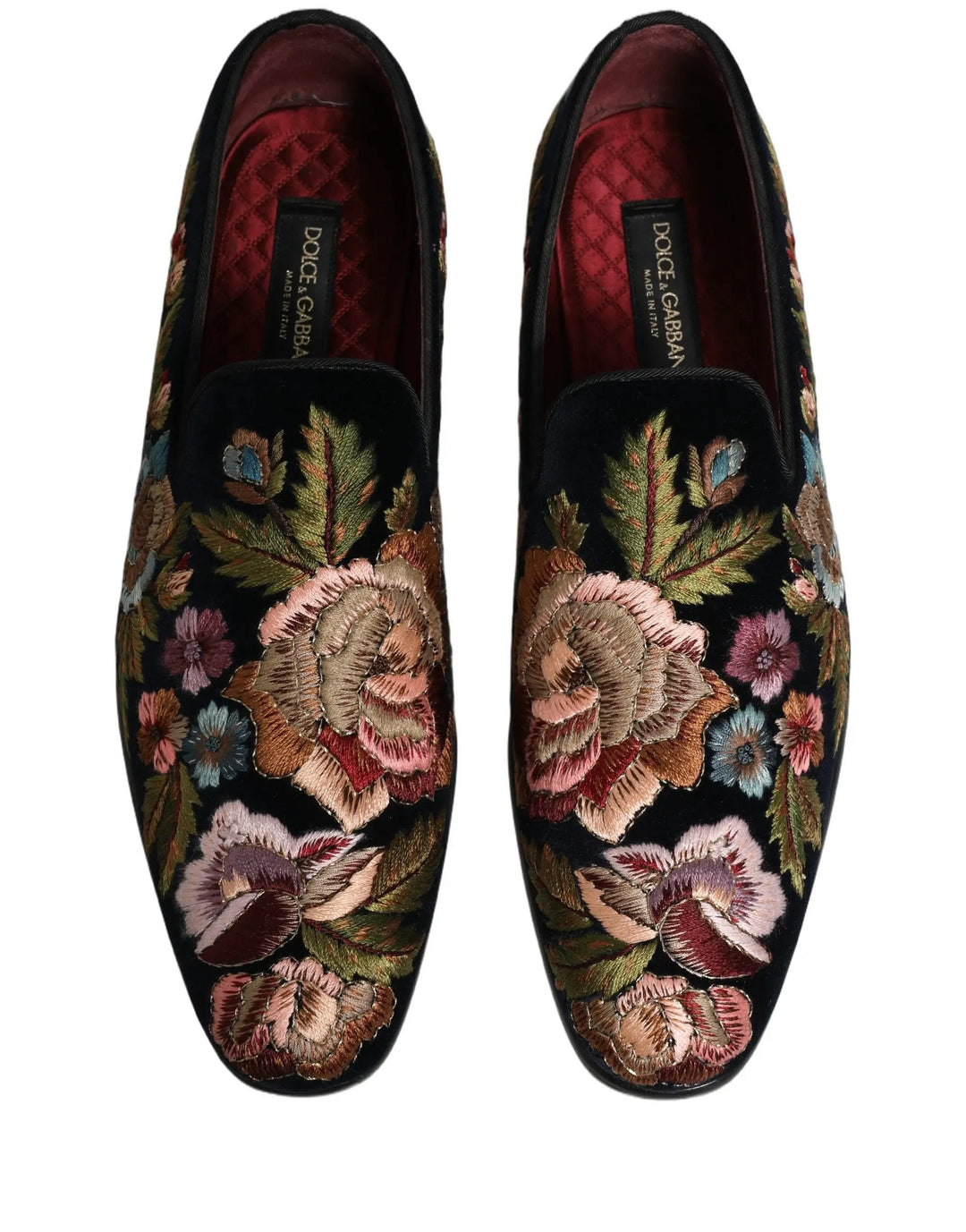 Dolce &amp; Gabbana Black Velvet Floral Embroidery Loafers Shoes