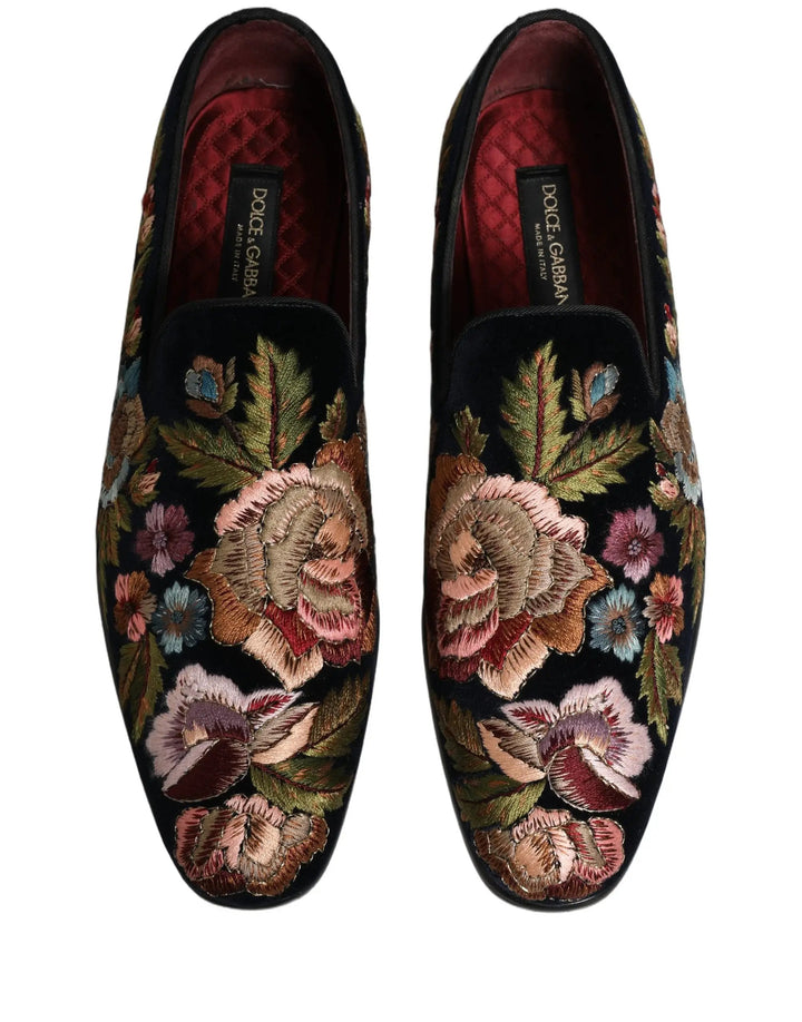 Dolce &amp; Gabbana Black Velvet Floral Embroidery Loafers Shoes