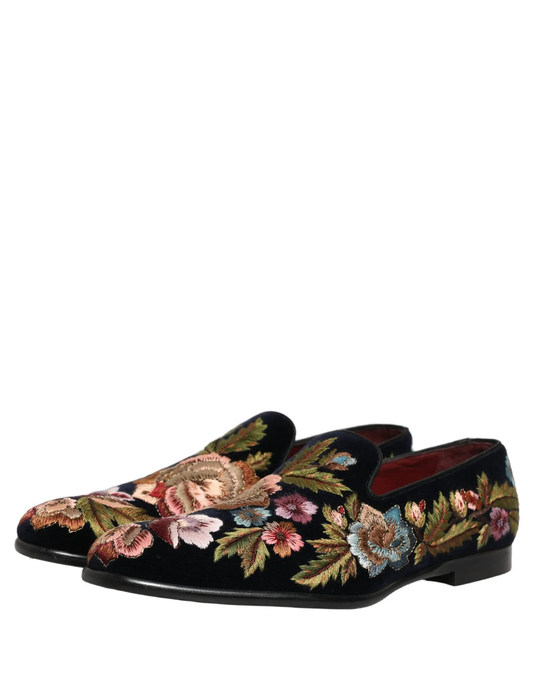 Dolce &amp; Gabbana Black Velvet Floral Embroidery Loafers Shoes