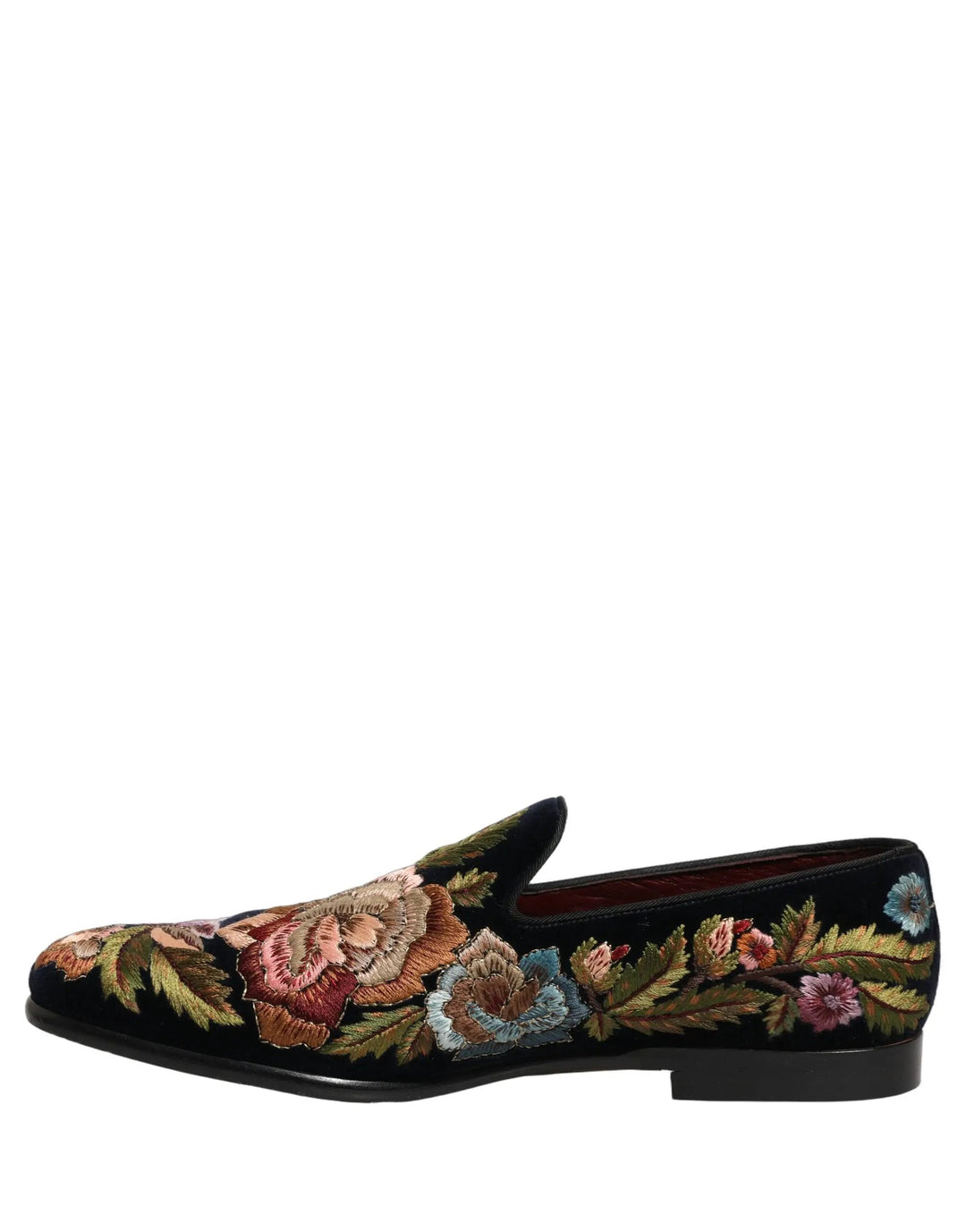Dolce &amp; Gabbana Black Velvet Floral Embroidery Loafers Shoes