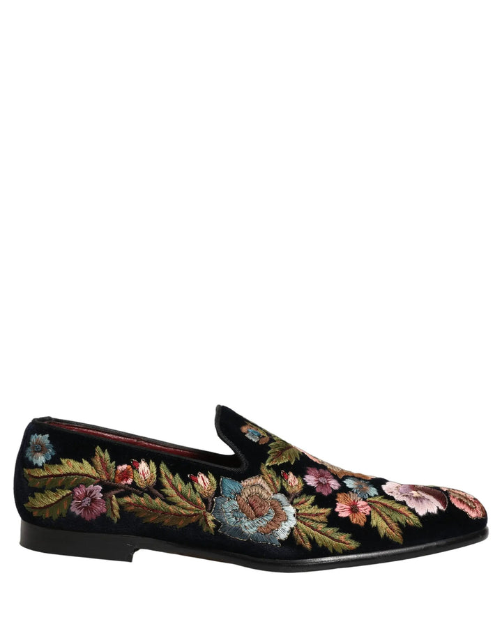 Dolce &amp; Gabbana Black Velvet Floral Embroidery Loafers Shoes