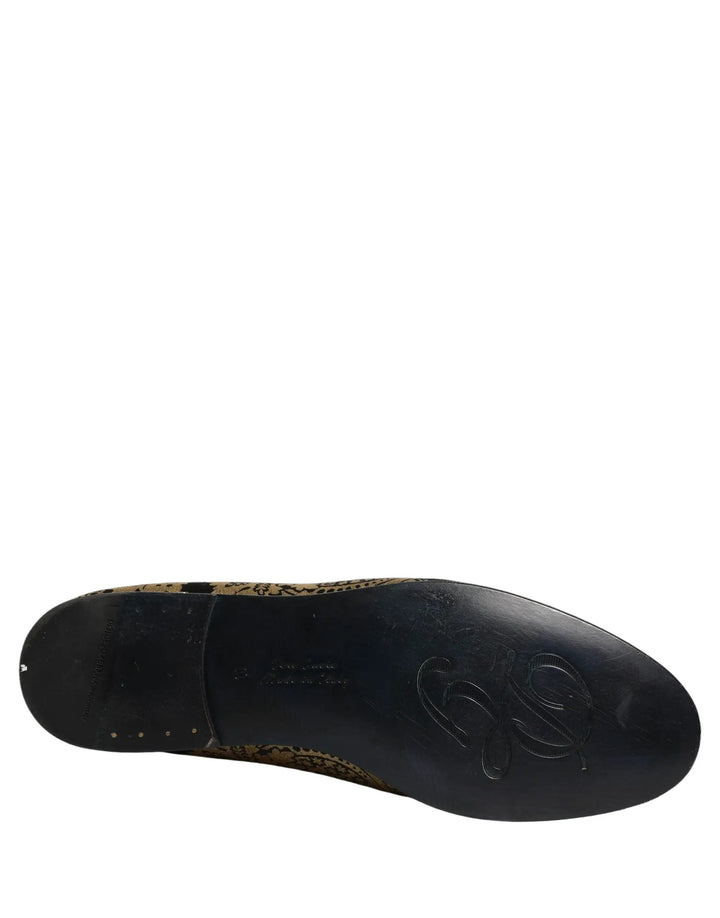 Dolce &amp; Gabbana Gold Jacquard Leather Slip On Loafers Shoes