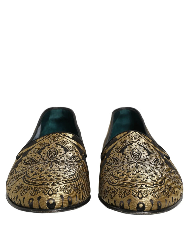 Dolce &amp; Gabbana Gold Jacquard Leather Slip On Loafers Shoes