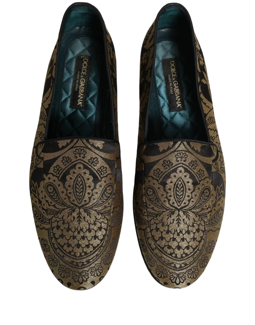 Dolce &amp; Gabbana Gold Jacquard Leather Slip On Loafers Shoes