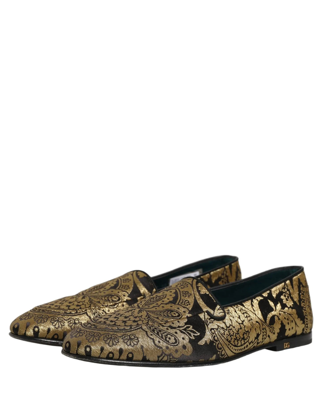 Dolce &amp; Gabbana Gold Jacquard Leather Slip On Loafers Shoes