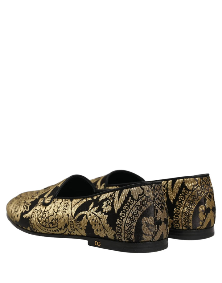 Dolce &amp; Gabbana Gold Jacquard Leather Slip On Loafers Shoes