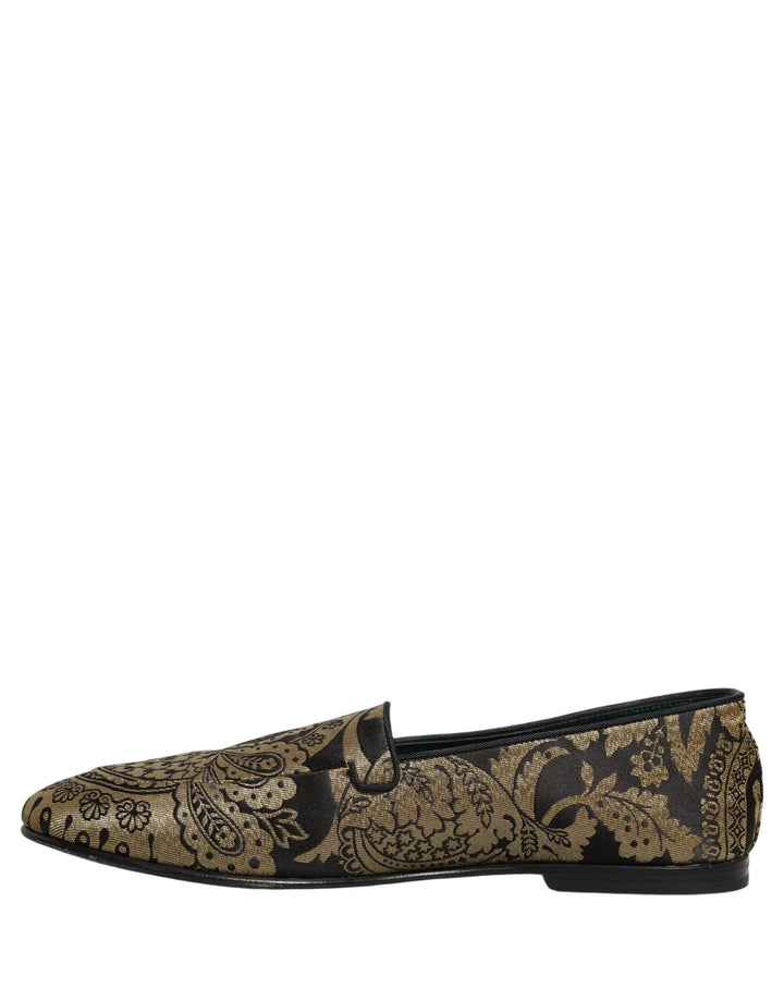 Dolce &amp; Gabbana Gold Jacquard Leather Slip On Loafers Shoes