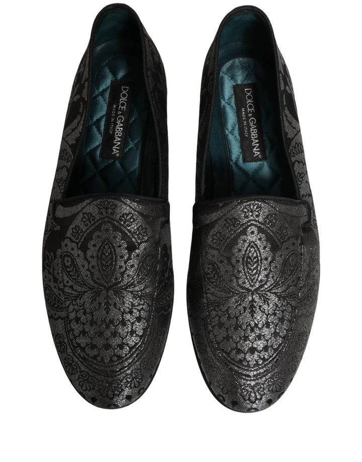 Dolce &amp; Gabbana Silver Jacquard Leather Slip On Loafers Shoes